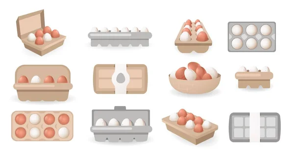 Huevos Cajas Pollo Alimentos Orgánicos Frescos Envase Cartón Estilo Dibujos — Vector de stock