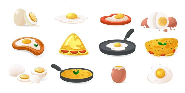 Huevos Cocinados Comida Cruda Hervida Horno Rellenos Revueltos Tortilla Escalfada — Vector de stock