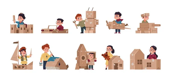 Copii Jucând Cutii Copii Construirea Handmade Jucării Din Carton Băieți — Vector de stoc