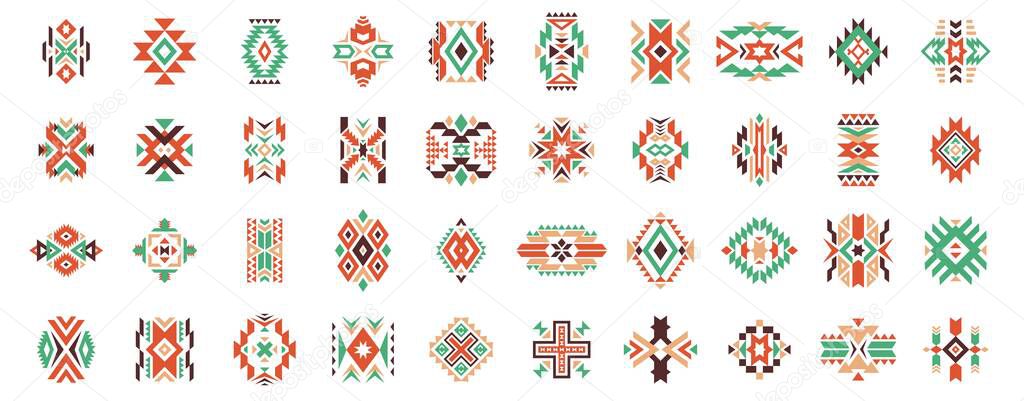 Aztec ethnic motif. Native american geometric pattern, colored mexican tribal art elements for logo tattoo fabric design. Vector isolated set. Colorful ancient culture symbols or ornament