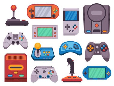 Video oyunu cihazları. Eski joystick oyun konsolu düz simgeler, çizgi film hipster klasik oyun konsolu ve bilgisayar inekleri için. Vektör izole koleksiyonu. Eğlence için taşınabilir oyun teknolojisi