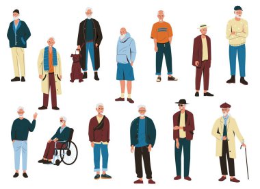 Yaşlı adamlar. Modern çizgi film tarzında yaşlı erkek karakterler aktif, mutlu emekliler farklı pozlarda dedelerine gülümsüyor. Vektör izole koleksiyonu. Büyükbabam şık günlük kıyafetler giyiyor.