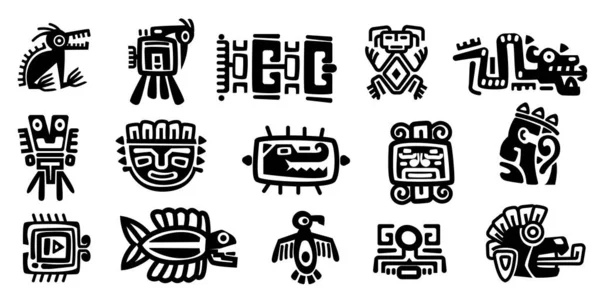 メキシコの神々のシンボル 要約Aztec動物鳥トーテムアイドル 古代のマヤ文明原始的な伝統的な兆候 ベクターコレクション 先住民文化のシンボルと神話の儀式 — ストックベクタ