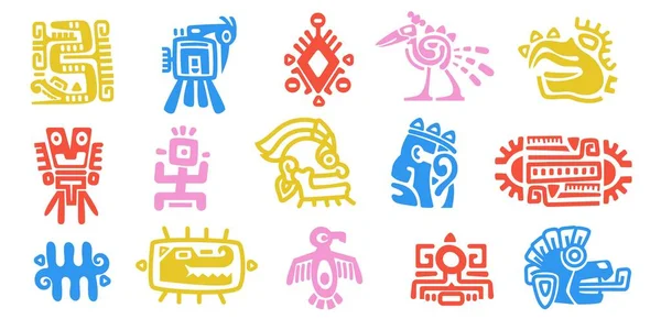 玛雅动物图腾 古老的玛雅阿兹特克土生土长的神话符号 传统的老墨西哥土生土长的仪式怪物的标志 矢量彩色集合 宗教人物 文化传统偶像 — 图库矢量图片