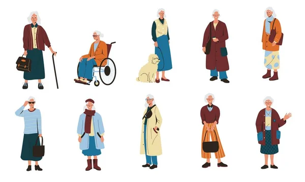 Donne Anziane Vecchi Personaggi Femminili Maturi Stile Cartone Animato Anziani — Vettoriale Stock