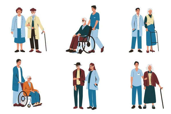 老年人关心 在社会志愿者的帮助下 老年男子团体提供康复辅助器具 卡通矢量集 支助养恤金领取者的医务工作者 — 图库矢量图片