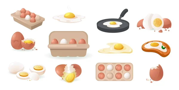 漫画の鶏の卵 黄色の黄身の割れた卵殻タンパク質でゆで卵を調理 健康的な朝食のためのおいしい有機成分 ベクトルセット 鍋料理 カートンパッキング — ストックベクタ