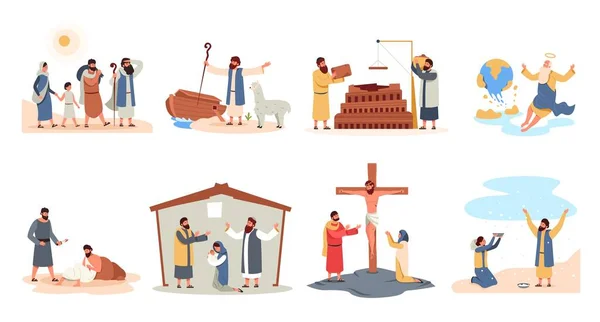 Christians stories. Holy bible parable and characters cartoon flat style, christian religious scenes with God messiah prayer Noah prophet. Vector collection. Christ birth in manger legend