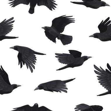 Karga deseni. Siyah uçan kuzgunların kusursuz baskısı, kumaş ambalaj kağıdı tasarımı için kale silueti arka planı. Vektör gotik doku. Kuş karakterleri çırpınıyor, vahşi yaşam