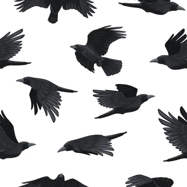 乌鸦的模式 无缝印的黑色飞鸟 轮廓线背景为面料包装纸纺织品设计 矢量哥特式纹理 鸟儿飞舞 野生动物 — 图库矢量图片