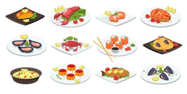 Balık yemi. Çizgi filmlerdeki deniz ürünleri geleneksel Asya yemekleri, ıstakozlu ıstakoz rulosu Japon mutfağında yengeç. Vektör izole edildi. Havyar, restoran menüsü için karidesli çorba.
