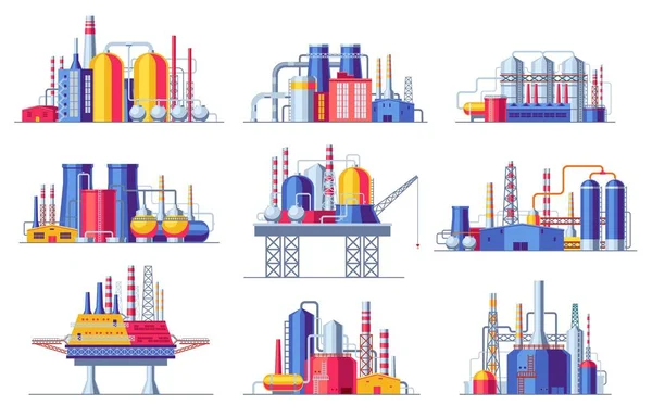 Construcciones Industria Petrolera Establecidas Edificios Industriales Petroquímicos Iconos Fábrica Refinerías — Vector de stock