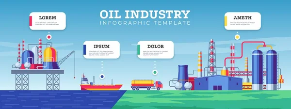 Infográfico Indústria Petrolífera Produção Petróleo Apresentação Negócios Transporte Distribuição Refinaria —  Vetores de Stock