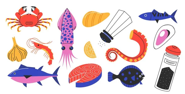 涂鸦海产动物 卡通牡蛎虾章鱼龙虾贝类产品为餐厅菜单鱼市场横幅设计 矢量隔离集 味道鲜美的配料 — 图库矢量图片