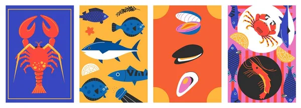 Cartel Minimalista Mariscos Elementos Mariscos Pescado Dibujos Animados Abstractos Para — Vector de stock