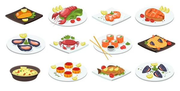 魚料理 漫画のシーフード料理伝統的なアジア料理 フラットサーモンロールロブスター寿司マッセルカニプレート日本料理 ベクトル分離集合 キャビア レストランメニューのエビのスープ — ストックベクタ