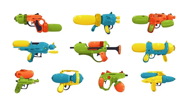 卡通水枪 小孩玩具枪 童话般玩具枪装备湿射击夏季游戏 童年时代快乐 矢量隔离集 游戏用塑料手枪 射击工具 — 图库矢量图片