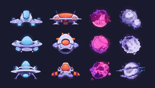 Fantasy Planets Ships Cartoon Neon Spaceship Cosmic Icons Game Design — Stock Vector