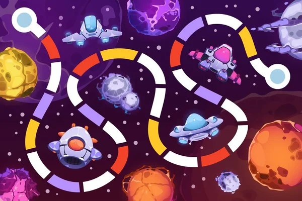 Uzay Kartı Oyunu Çocuk Fantezi Dünyası Bilmece Labirenti Uzay Gemisi — Stok Vektör