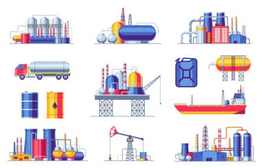 Petrol çıkarma ve üretim ikonları. Yakıt endüstrisi inşaatları, petrol varili kömür taşıma sembolleri çizgi film tarzı. Vektör izole edildi. Benzin tankeri olarak nakliye araçları