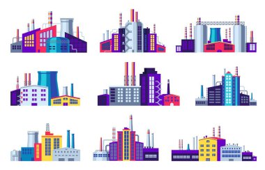 Elektrik santralleri ve fabrikalar. Elektrik enerjisi endüstriyel binaları, depo inşaatı kentsel fabrika ikonları üretimi. Vektör karikatür seti. Enerji üretimi, ağır sanayi