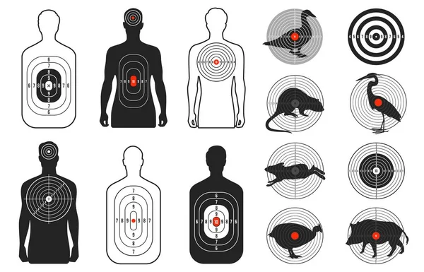 stock vector Target silhouettes. Shooting range bullseye aim animals human shapes for military practice training competition, flat gun shot goal with hit point. Vector set. Darts board challenge