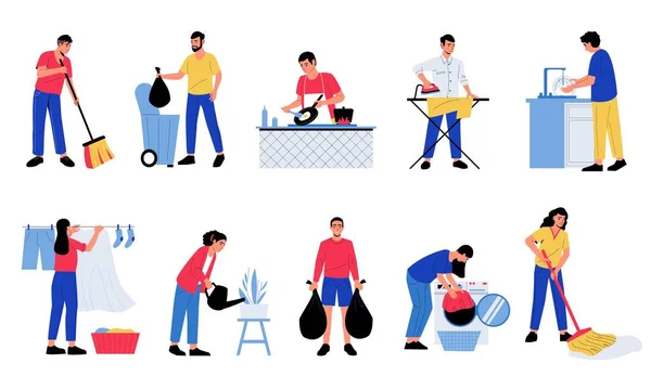 家事をする人たち 男性の女性の文字料理家事を行う掃除の花を散水料理 ベクトル漫画分離セット 洗濯や床掃除など家事をする大人 — ストックベクタ
