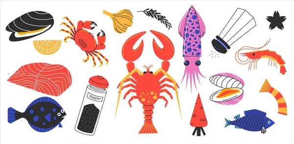 摘要海鲜 鱼贝类产品配料鱼子酱鲑鱼贻贝虾苗卡通风格 营养健康的概念 向量集 鲑鱼配胡椒和大蒜 — 图库矢量图片