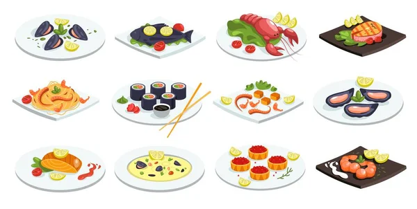 海鮮料理 魚料理アジア料理日本の伝統的な中国料理 漫画のサーモンステーキカニ肉寿司エビグルメアイコン ベクターコレクション キャビア ロブスター — ストックベクタ