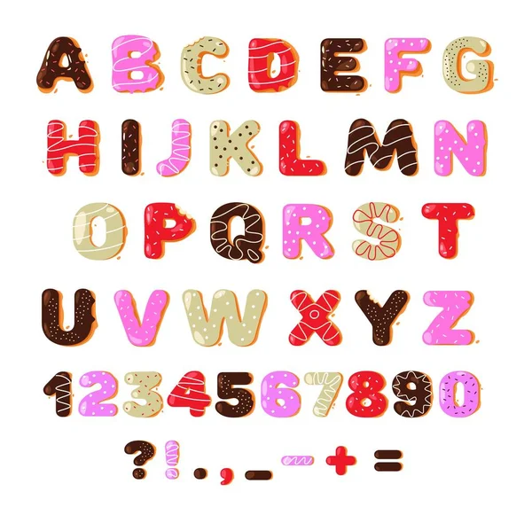 Donut Lettertype Kleurrijke Zoete Donut Bakkerij Alfabet Latijnse Letters Cijfers — Stockvector