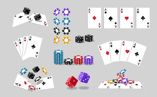 Casino Karten Und Chips Spielzubehör Für Pokerturniere Flachen Cartoon Stil — Stockvektor
