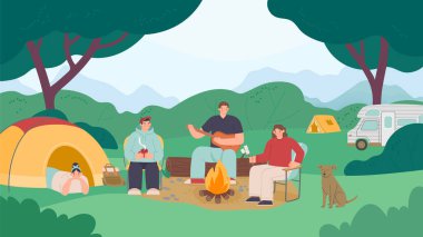 Kamp yapan insanlar. Aile dinlenme haftasonu, şömine ve bbq ile. Aile pikniği ve açık hava turizminin temsilcisi