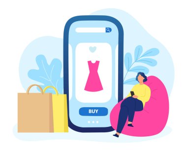 İnternetten alışveriş, akıllı telefondan kıyafet alan bir kız. Satılık mağaza vektörü, kadın kıyafetleri resimli cep telefonu.