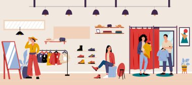 Alışveriş ve satın alma konsepti, iç mekan modası. Perakende satış temsilcisi b alışveriş merkezi, müşteri kadın illüstrasyonu konsepti
