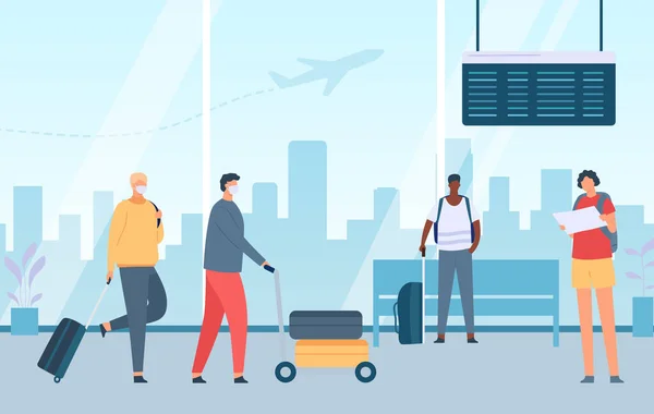 Människor Flygplats Ombordstigning Och Väntar Att Flyga Vid Terminalen Illustration — Stock vektor