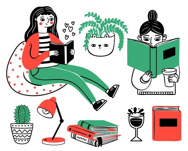 Könyvek Olvasók Tanulás Tanulás Lány Szerint Illusztráció Olvasó Oktatás Olvasott — Stock Vector