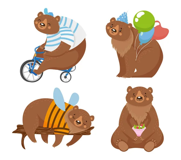 Карикатурные Медведи Цирк Велосипеде Воздушным Шаром Векторная Иллюстрация Дикой Природы — стоковый вектор