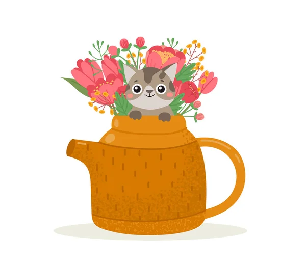 Милий Чайник Букетом Квітів Кішки Векторний Букет Кішкою Любов Інтер — стоковий вектор