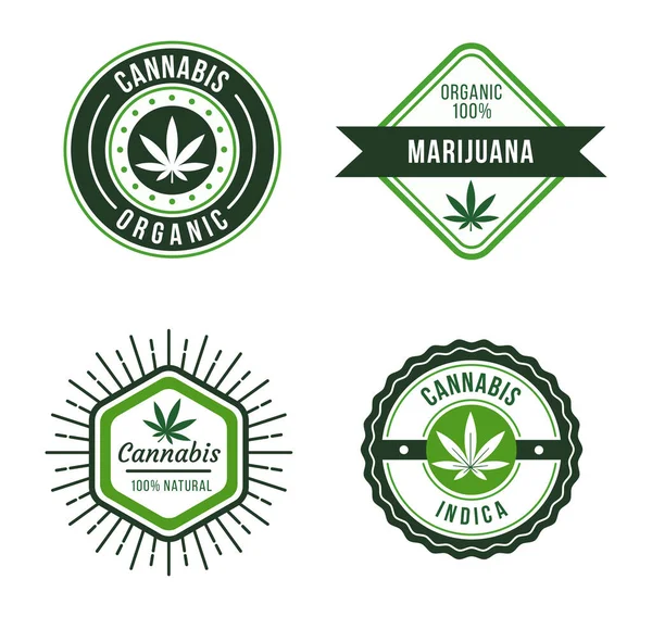 Marihuana Etikett Arzneimittelabzeichen Natürliches Cannabis Illustration Von Cannabis Für Die — Stockvektor