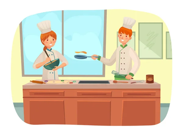 餐厅厨师在厨房为顾客准备早餐 餐馆厨房 烹调晚餐 食物和餐馆厨师提供的食物的病媒 — 图库矢量图片