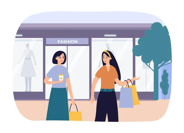 Αγοραπωλησίες Δύο Κορίτσια Ψωνίζουν Ρούχα Διάνυσμα Του Ατόμου Αγοράζουν Ρούχα — Διανυσματικό Αρχείο