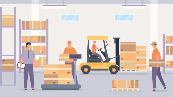 Großhandelslager Arbeiter Lagerraum Organisieren Kisten Vektor Der Lagerung Und Verteilung — Stockvektor