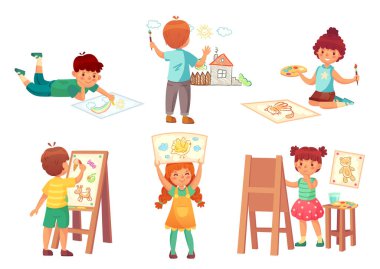 Çocuk çizmek, çocuk çizici. Küçük kızlar ve oğlanlar evi boyuyor, gökkuşağı ve kedi suluboya boya ve boya kalemleri ile tuval üzerinde. Hobisi veya aktivite izole vektörü olan anaokulu karakterleri
