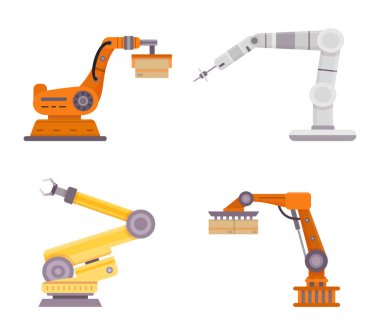 Fabrika robot kolları. Üretim endüstrisi için otomatik teknoloji. Kutuları depoya taşıyan veya yükleyen mekanik kontrol ekipmanları. Üretim için yenilikçi makineler izole edilmiş vektör kümesi