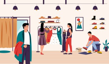 Moda butiği. İnsanlar giyim mağazasından mal seçiyor. Elbise seçen ve satıcıya danışan bir kadın. Ayakkabı giyen adam. Kadın ve erkek karakterler alışveriş vektörü çizimi