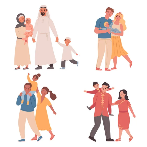 不同国籍的家庭 有孩子的父母穿着传统的阿拉伯和中国服装 来自不同文化的母亲 父亲和孩子们彼此隔离 有儿子 女儿的夫妇 — 图库矢量图片