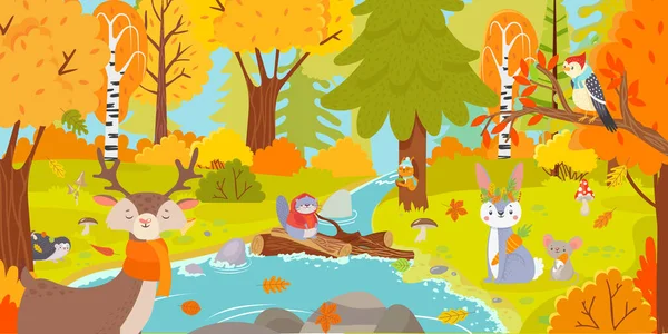 Autumn forest. Nature landscape with trees and falling leaves and wild animals as squirrel, deer, hare, mouse, hedgehog and beaver. Logs on water, colorful woodland scene vector illustration