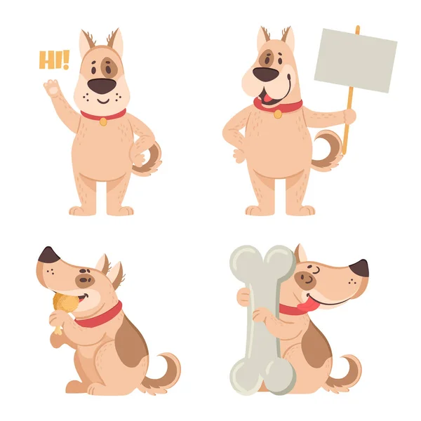 Desenhos Animados Cortam Mascote Cão Personagens Domésticos Engraçados Segurando Cartaz —  Vetores de Stock