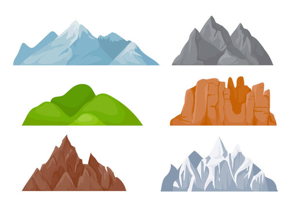 Cartoon mountains ridges. Nature landscape elements with snowy tops, green hills, stone cliffs. Outdoor wild areas for hiking or extreme sport in different weather conditions isolated vector set