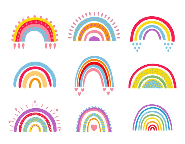 Cartoon Rainbows Heart Rain Drops Kids Cute Bright Colorful Arch — Stock Vector